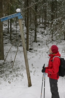 Aarinnansuon halki johtavan polun risteyksessä on vanha viitta Latu-Miiluun