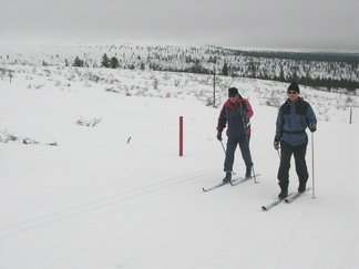 Torstaina hiihdeltiin , kuinkas muuten! Jorma ja Jukka nousemassa aamutuimaan Ahopäälle.