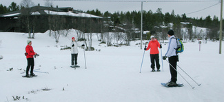 Meillä oli matkassa Hyvinkään Ladun lumikengät, joten saatoimme lähteä lumikenkäilemään lähimaastoon. Toki lumikengät olisi voinut paikanpäältä vuokratakin.