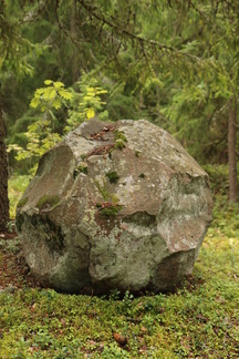 Kaksoislammille johtavan polun varrella on särmikäs kivenlohkare.